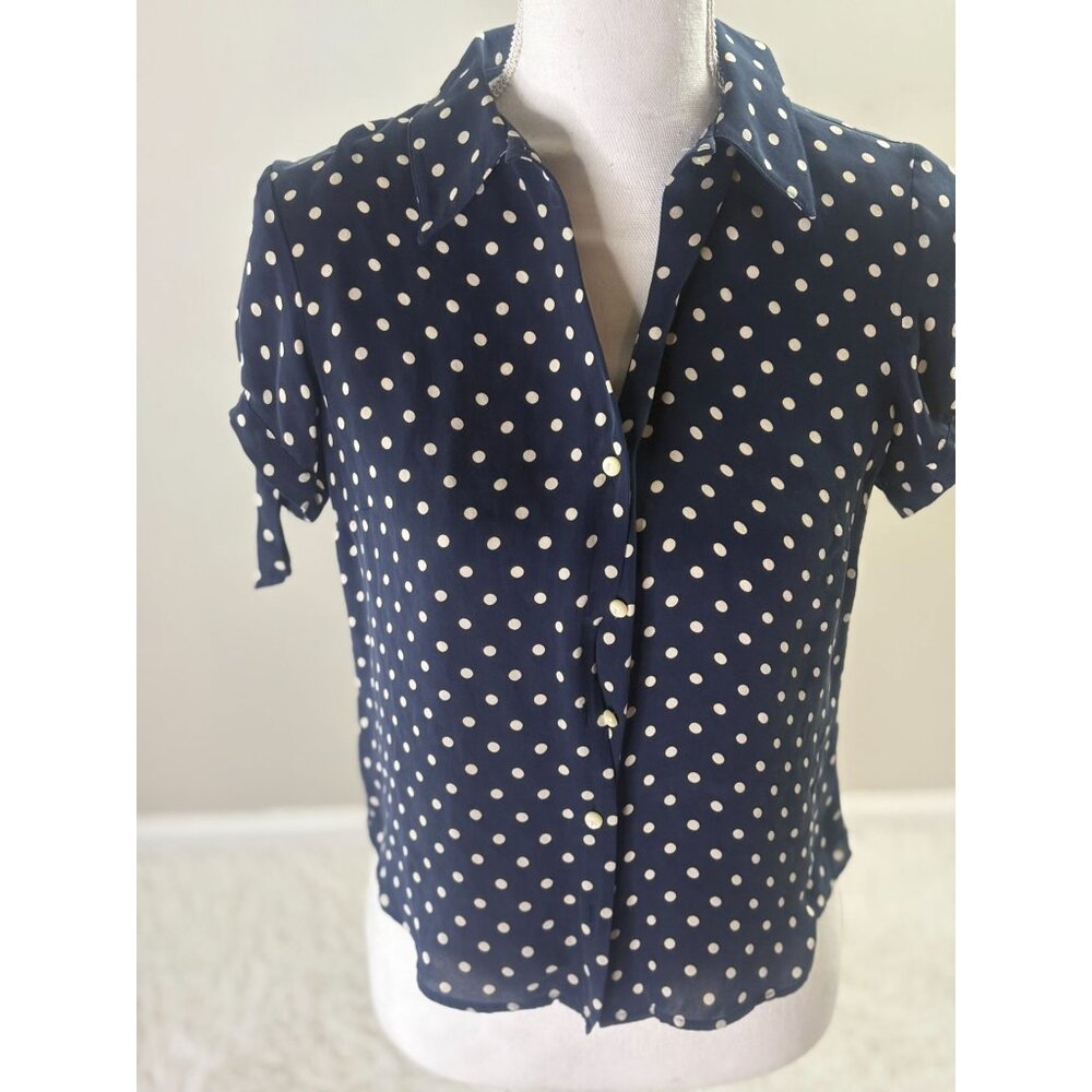 Jones New York Signature Navy Polka Dot Short Sleeve Silk Button-Up Blouse S